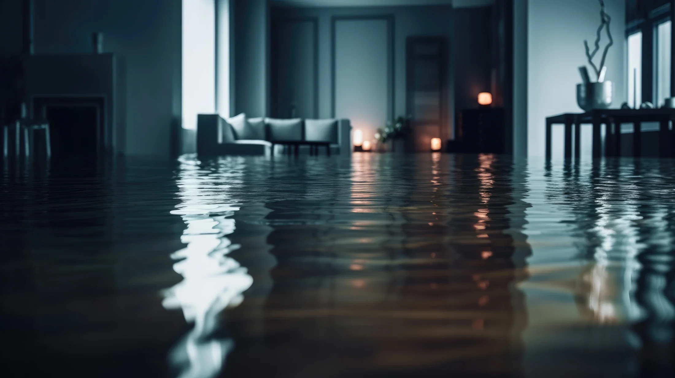 Innenaufnahme eines Gebäudes mit Wasser auf dem Boden, Lampen und Möbel, atmosphärisch dunkle Beleuchtung.