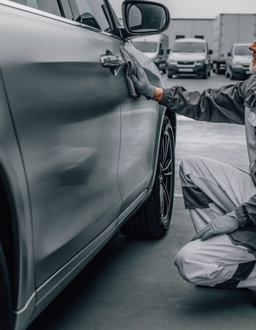 Ein WIS Mitarbeiter überprüft den Lack an der Seite eines grauen Autos mit einem Tuch.