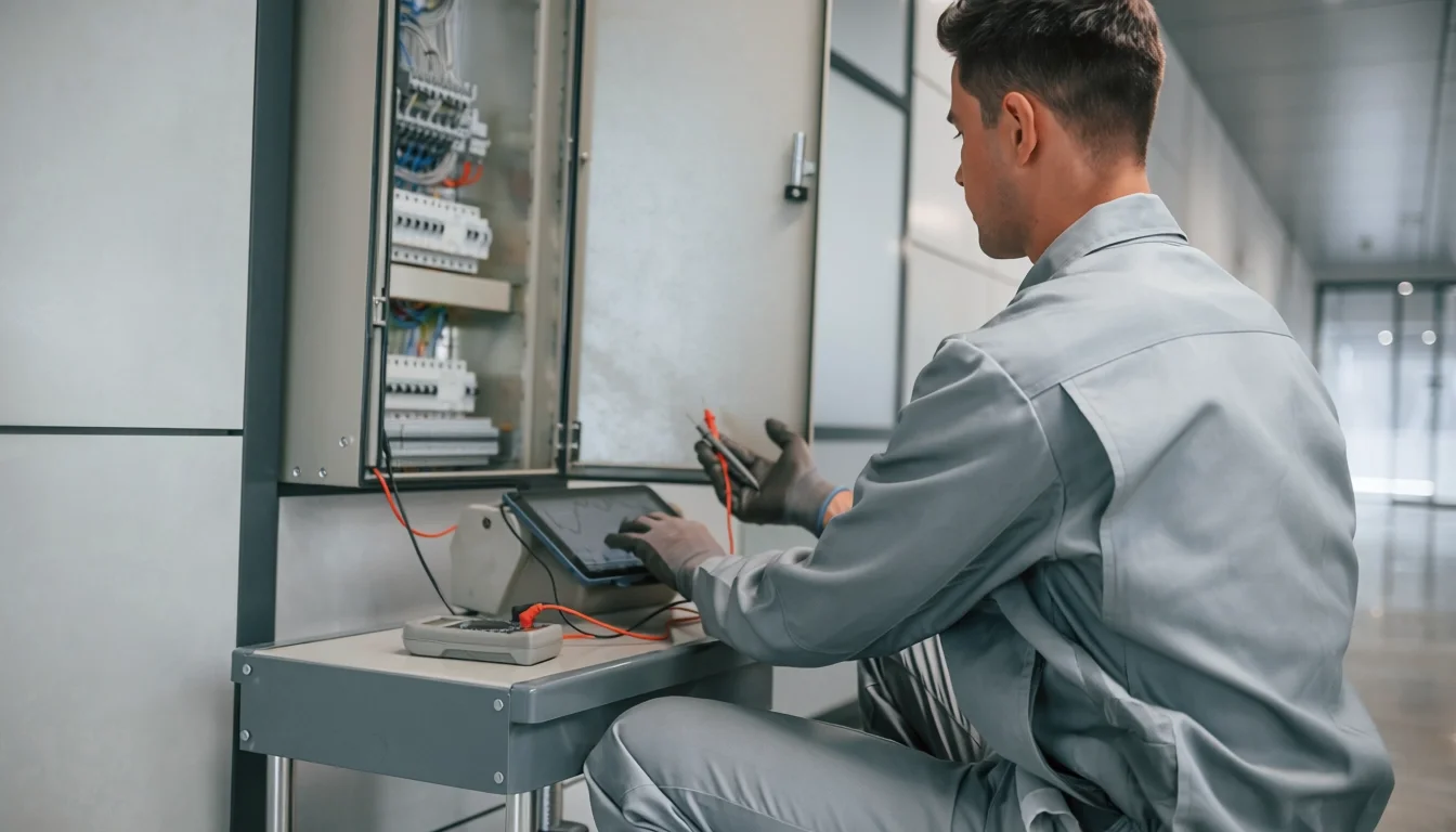 WIS Techniker in Arbeitskleidung arbeitet an einem elektrischen Verteilerkasten in einem modernen Gebäude.