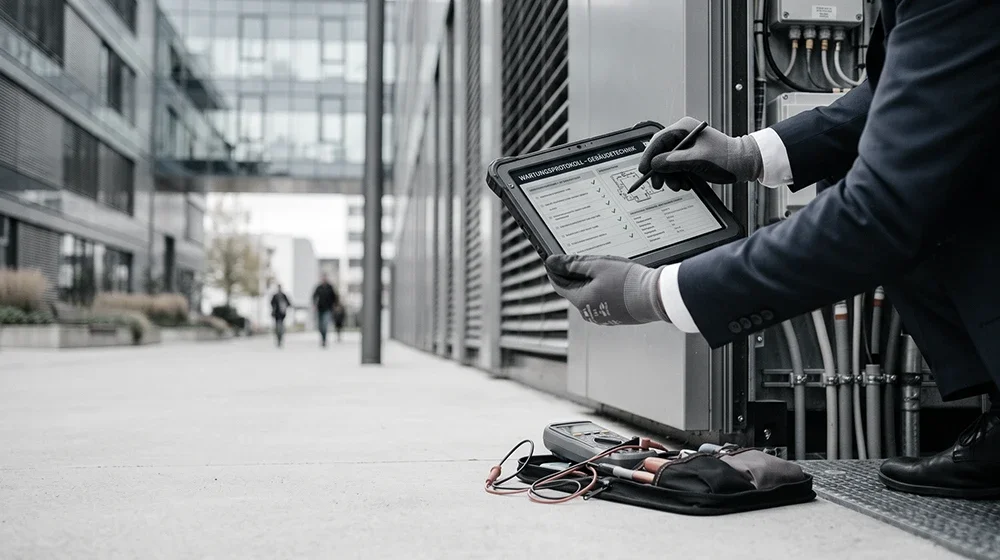 WIS Techniker überprüft ein elektronisches Gerät im Außengehäuse eines Gebäudes mit einem Tablet und Messgeräten auf dem Boden.