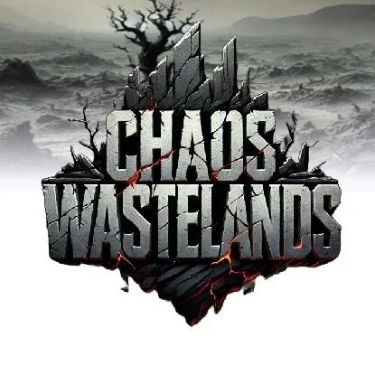 Video game logo for "Chaos Wastelands" featuring broken, jagged stone and cracked pavement with a dark, barren landscape and dead trees in the background.