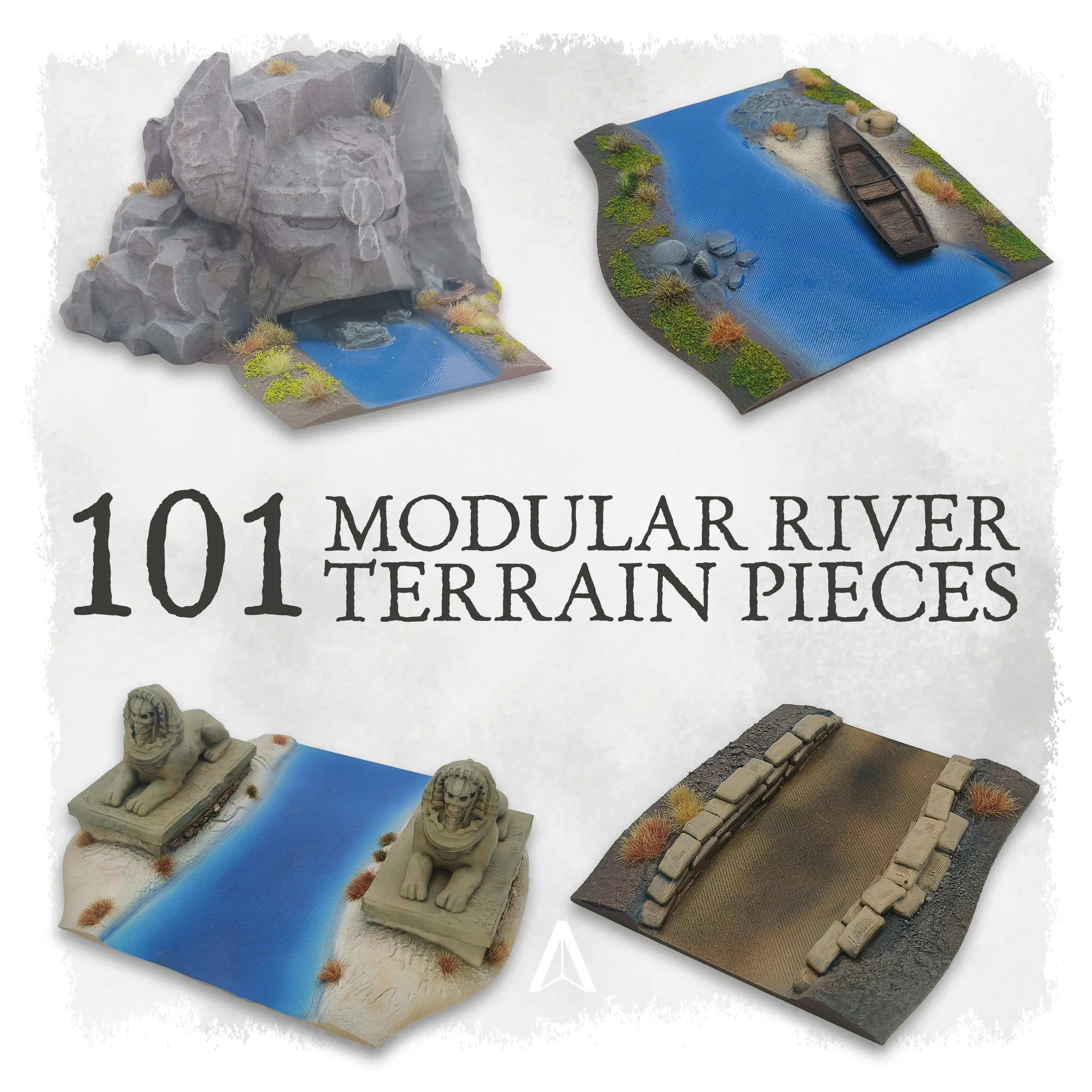 Miniature terrain pieces for tabletop gaming, including a mountain with a waterfall, a river with rocks and vegetation, a lion statue, and a stone pathway.