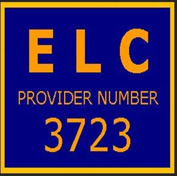 A sign with a yellow border and a dark blue background displaying the text 'ELC' in large orange letters, 'Provider Number' in smaller orange letters, and the number '3723' in large orange digits.