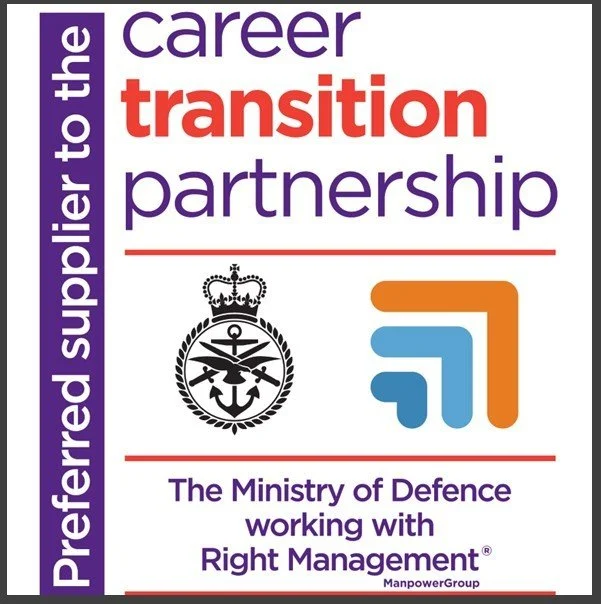 A promotional graphic featuring the words 'career transition partnership' in large text, with 'career' and 'partnership' in purple, and 'transition' in red. It mentions 'Preferred supplier to the' on the left side in a purple vertical banner, and includes the Ministry of Defence logo and a logo with orange and blue arrows. The text states 'The Ministry of Defence working with Right Management.'