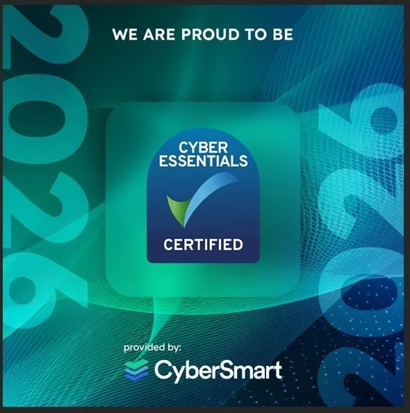 Cyber Essentials certification badge with the text 'Cyber Essentials Certified' and the CyberSmart logo, along with the statement 'We are proud to be' at the top of the image.