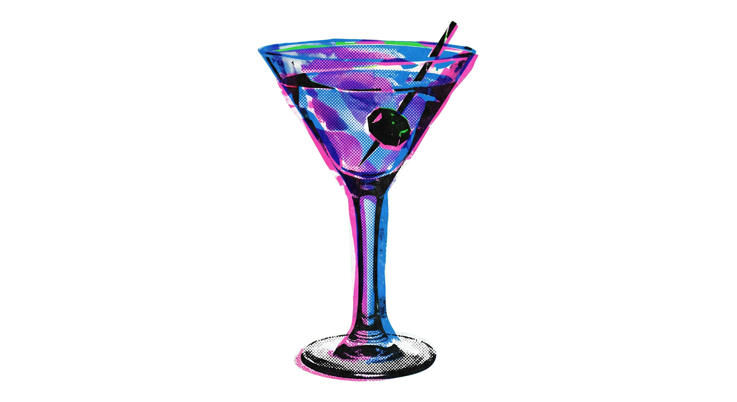 A digitally stylized image of a cocktail glass with a black straw and an olive garnish, set against a background split between black and red.