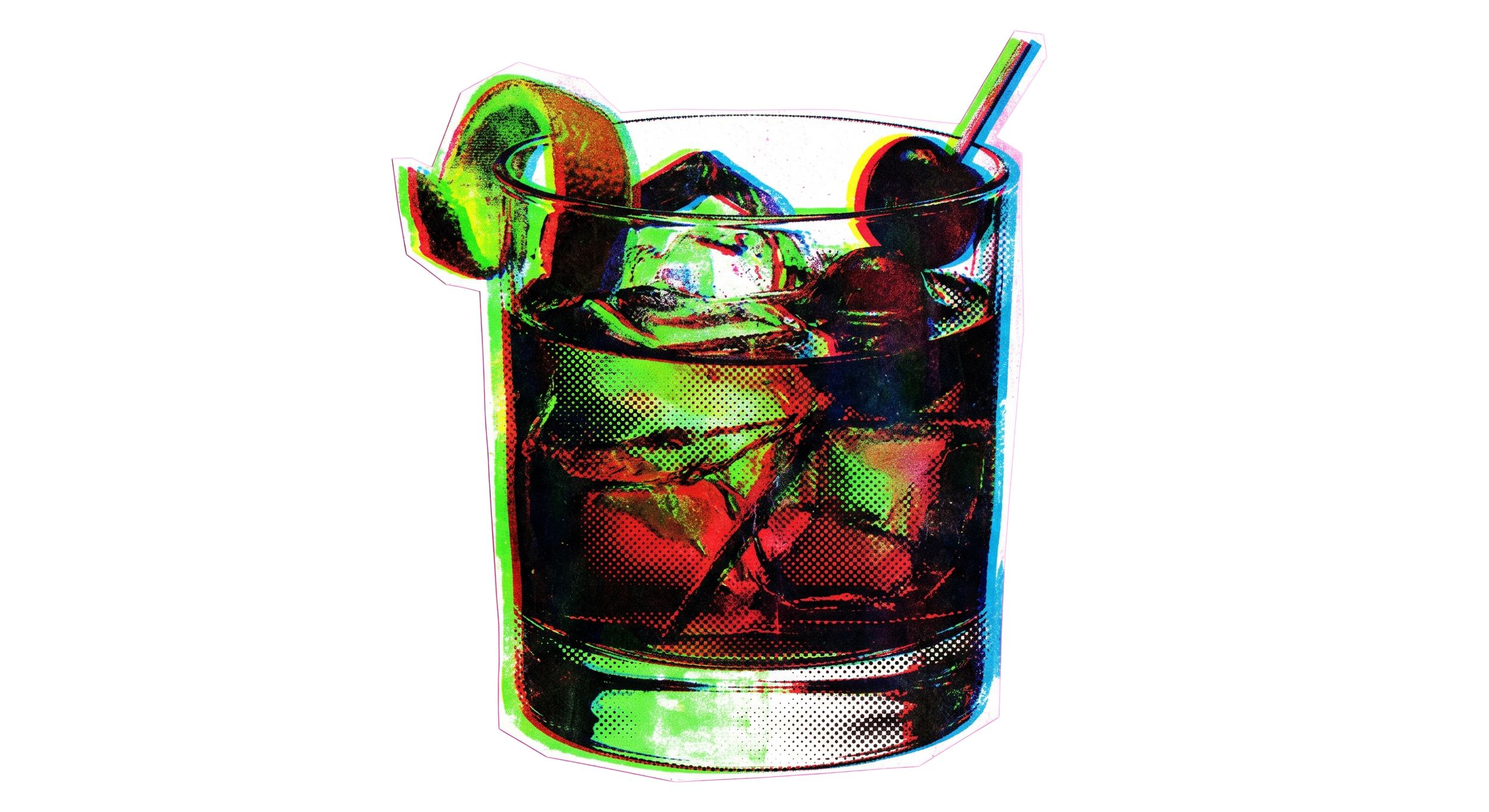A colorful, stylized digital drawing of a glass of cola with ice, a lemon wedge, a cherry, and a striped straw against a black background.