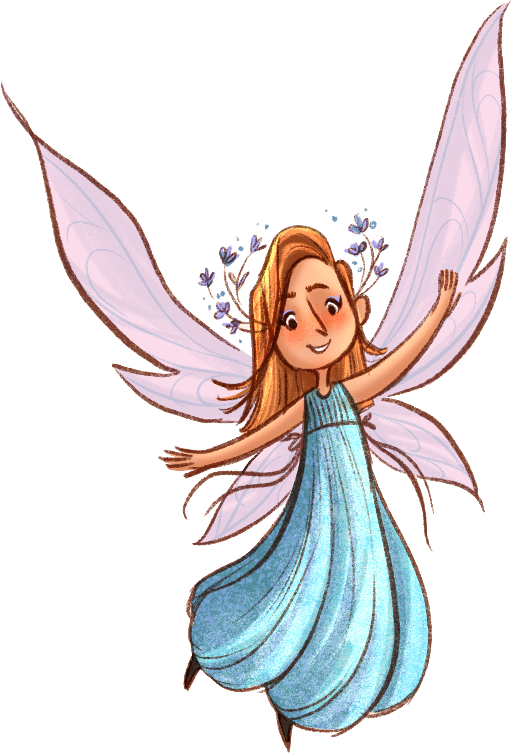 A cartoon fairy with long orange hair, wearing a blue striped dress, with large purple and pink wings, smiling and raising a hand.