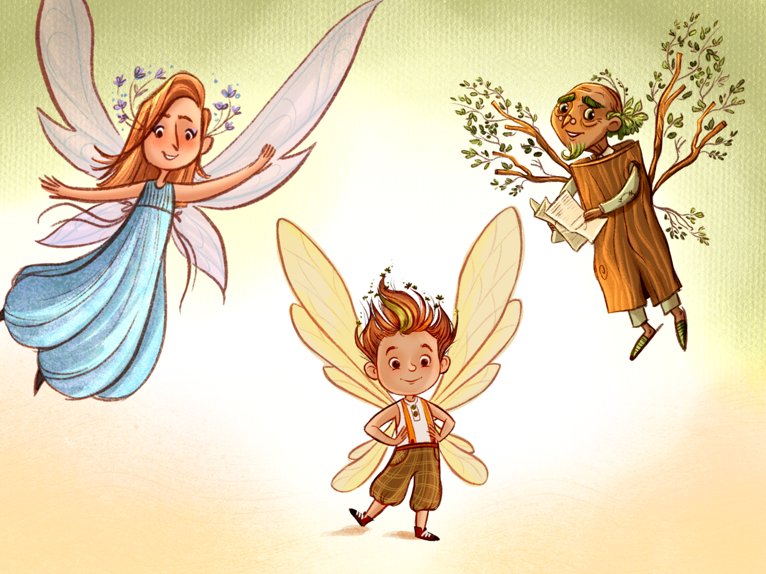 Illustration of a fairy with blue dress and wings, a girl with fairy wings and a flower crown, and a boy with fairy wings, standing in a whimsical setting with trees and grass.