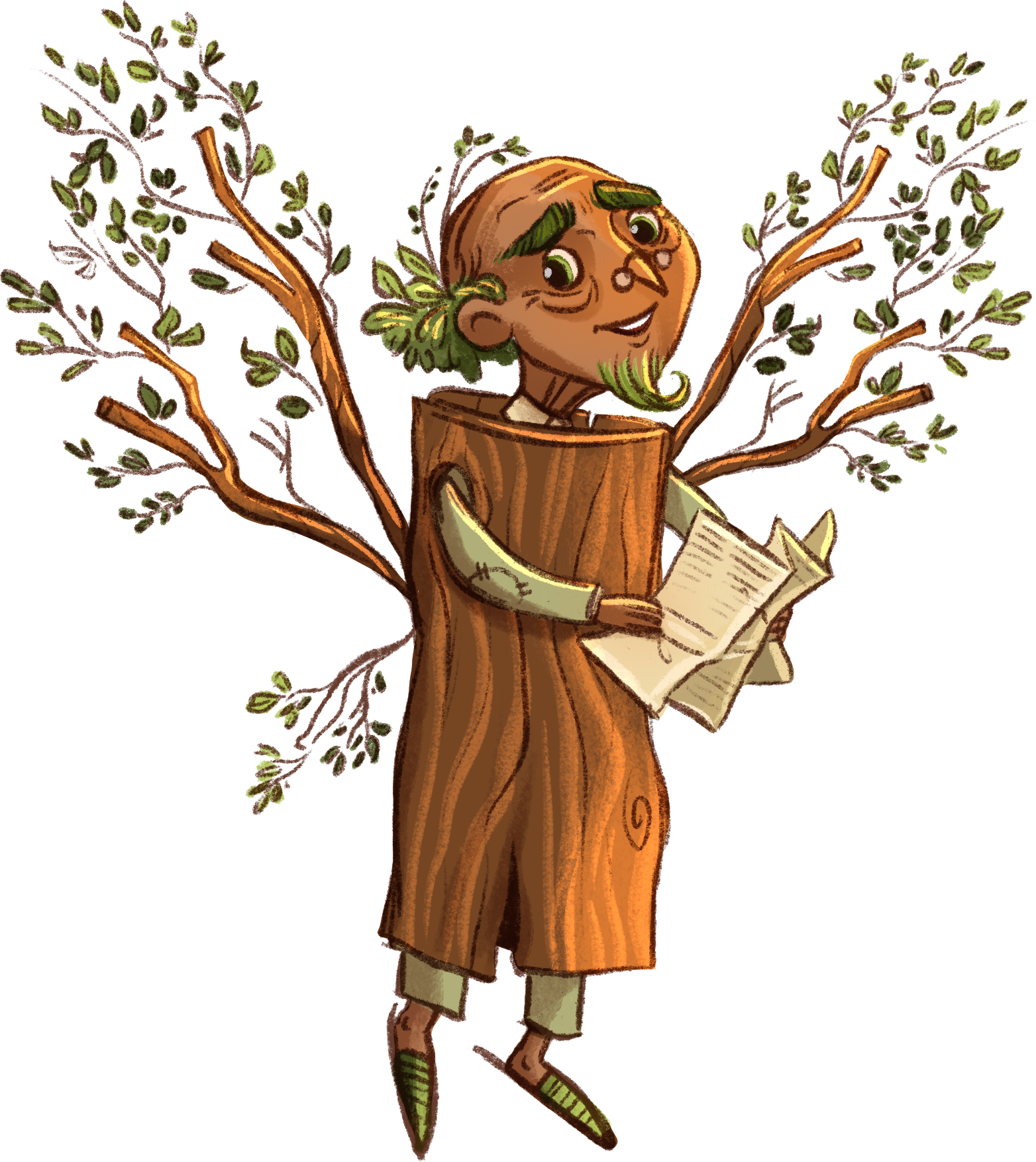 A person dressed as a tree with a trunk costume, holding a newspaper, and standing in front of a real tree.
