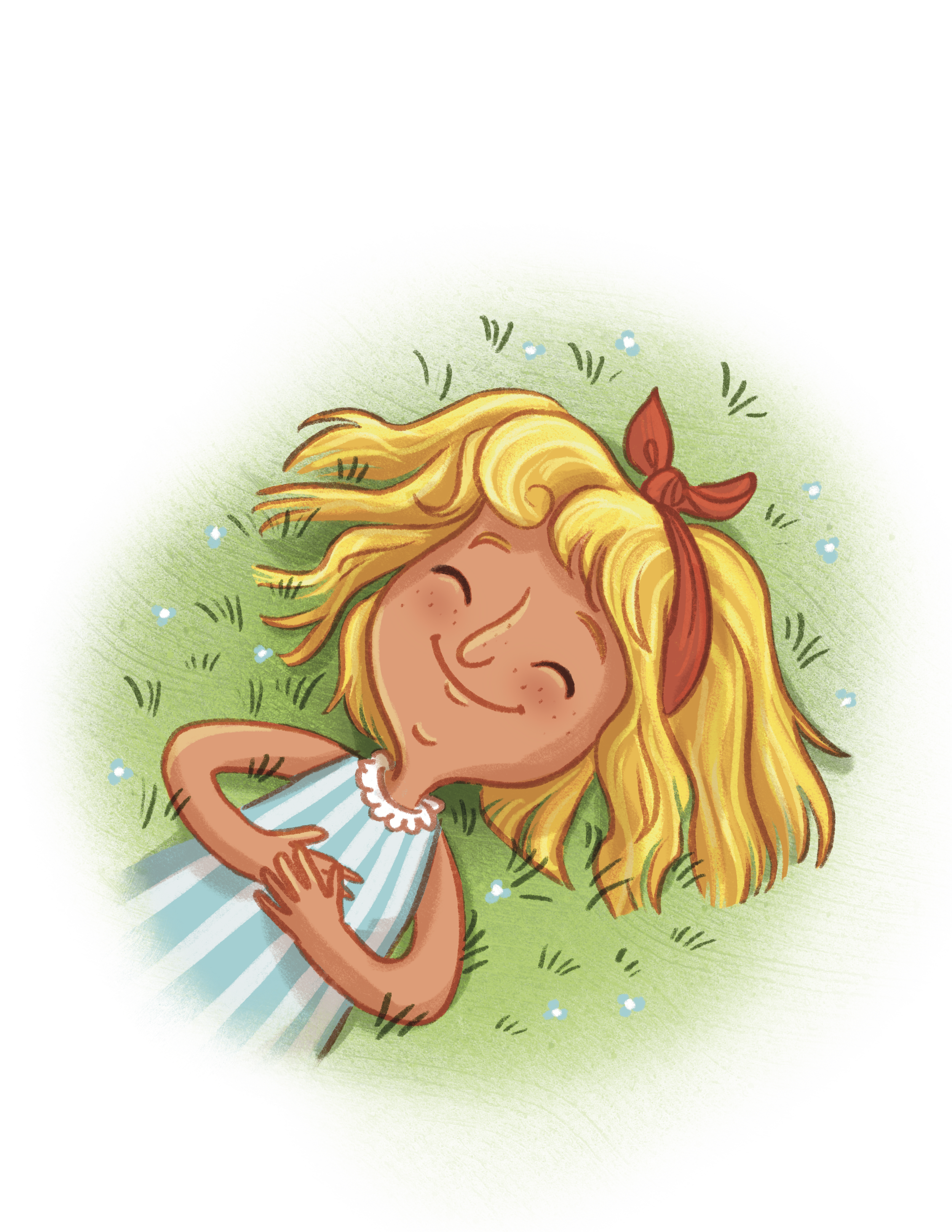 A cartoon illustration of a girl with long yellow hair, freckles, and a red bow, lying on green grass with white and blue flowers, smiling with eyes closed.