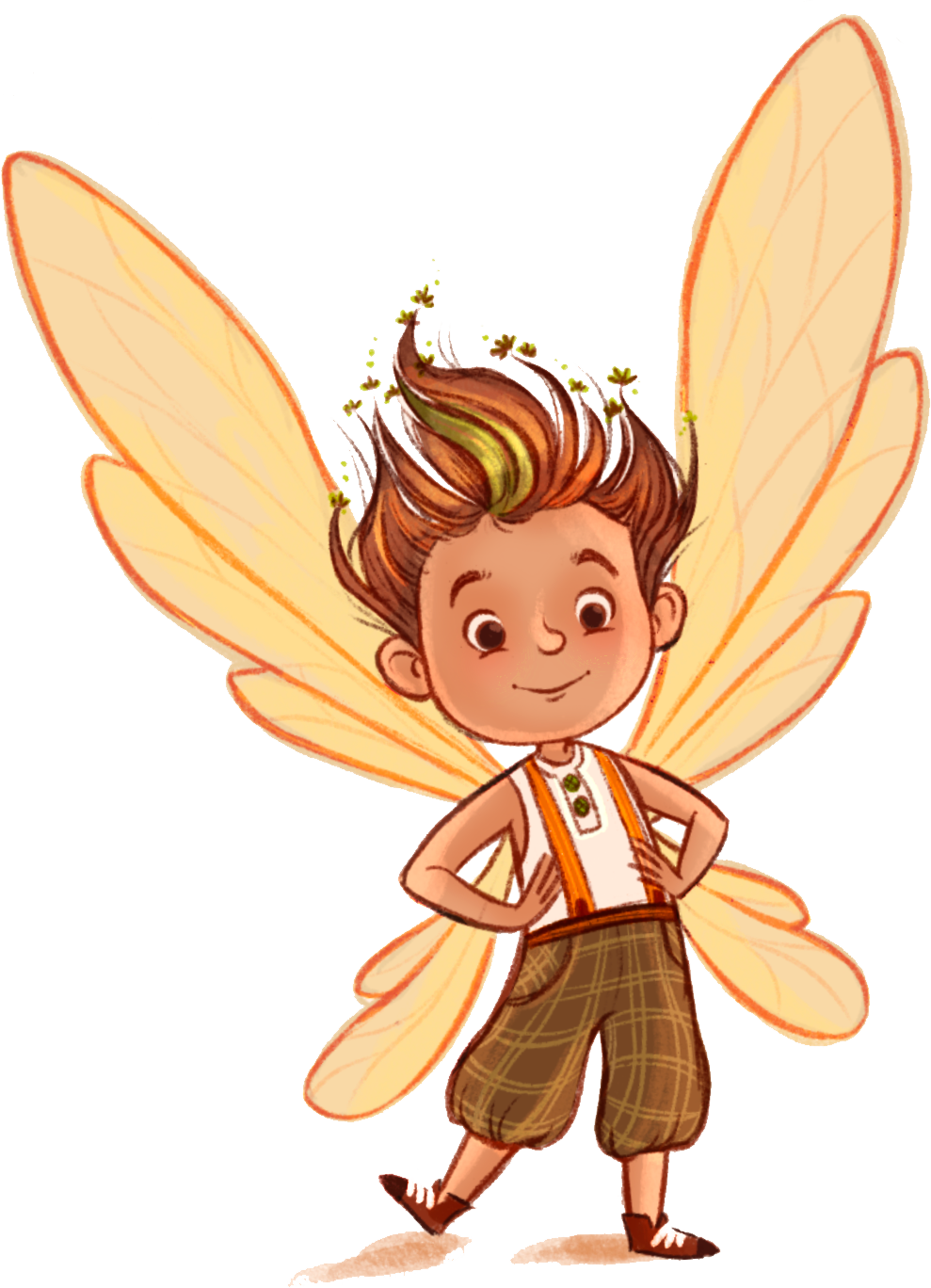 A cartoon boy with brown hair, green streaks, and butterfly wings, standing with hands on hips, smiling.