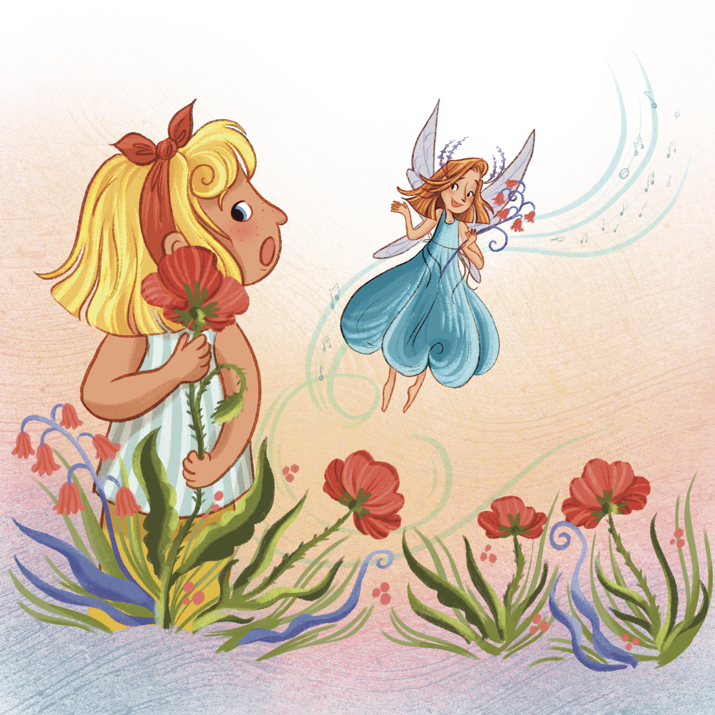 Children's illustration of a girl with long blond hair holding a red flower and a fairy with wings, surrounded by colorful swirling lines, flowers, and a vibrant background.