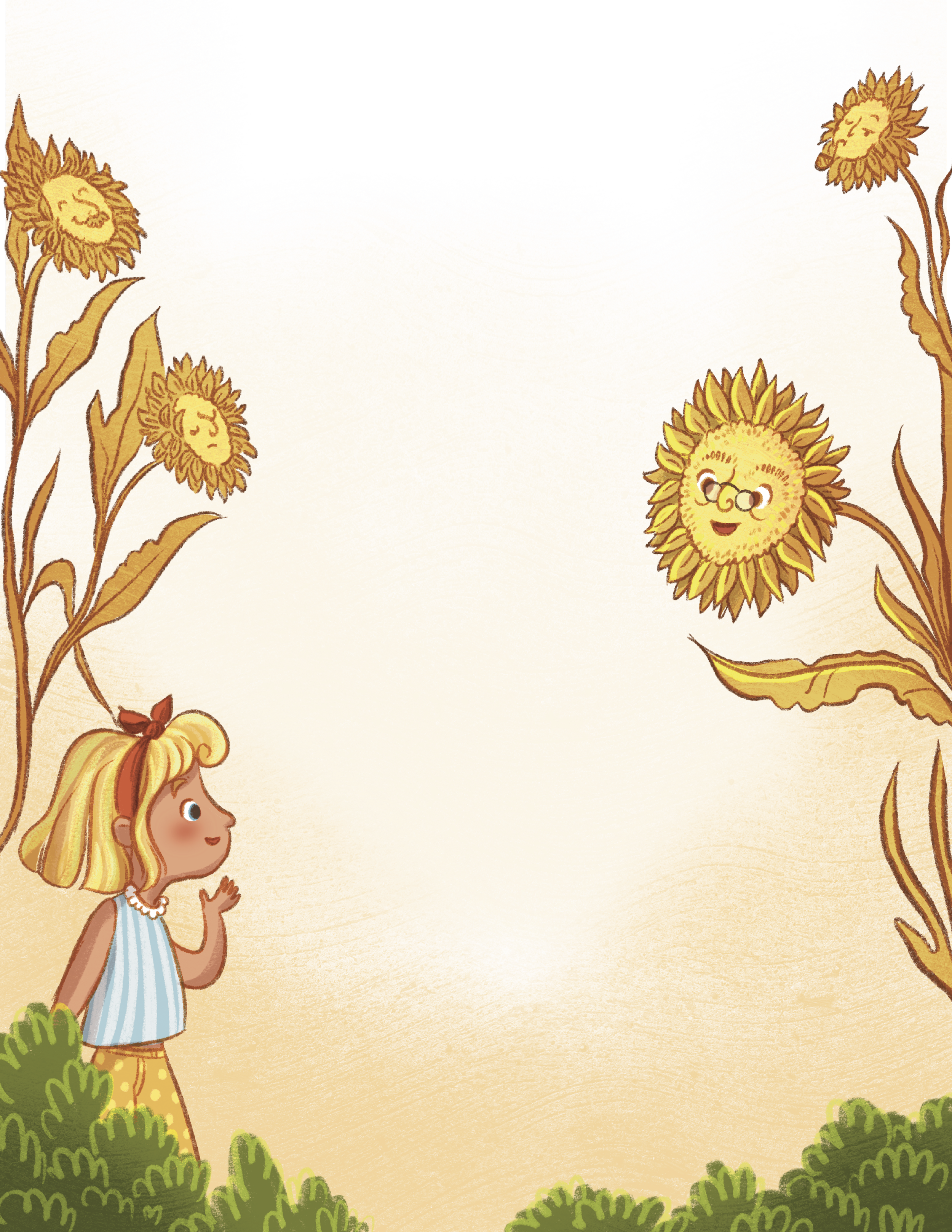 Illustration of a young girl with blonde hair wearing a blue dress, smiling and waving at a group of animated sunflowers with happy faces, amidst a bright yellow background and green bushes.