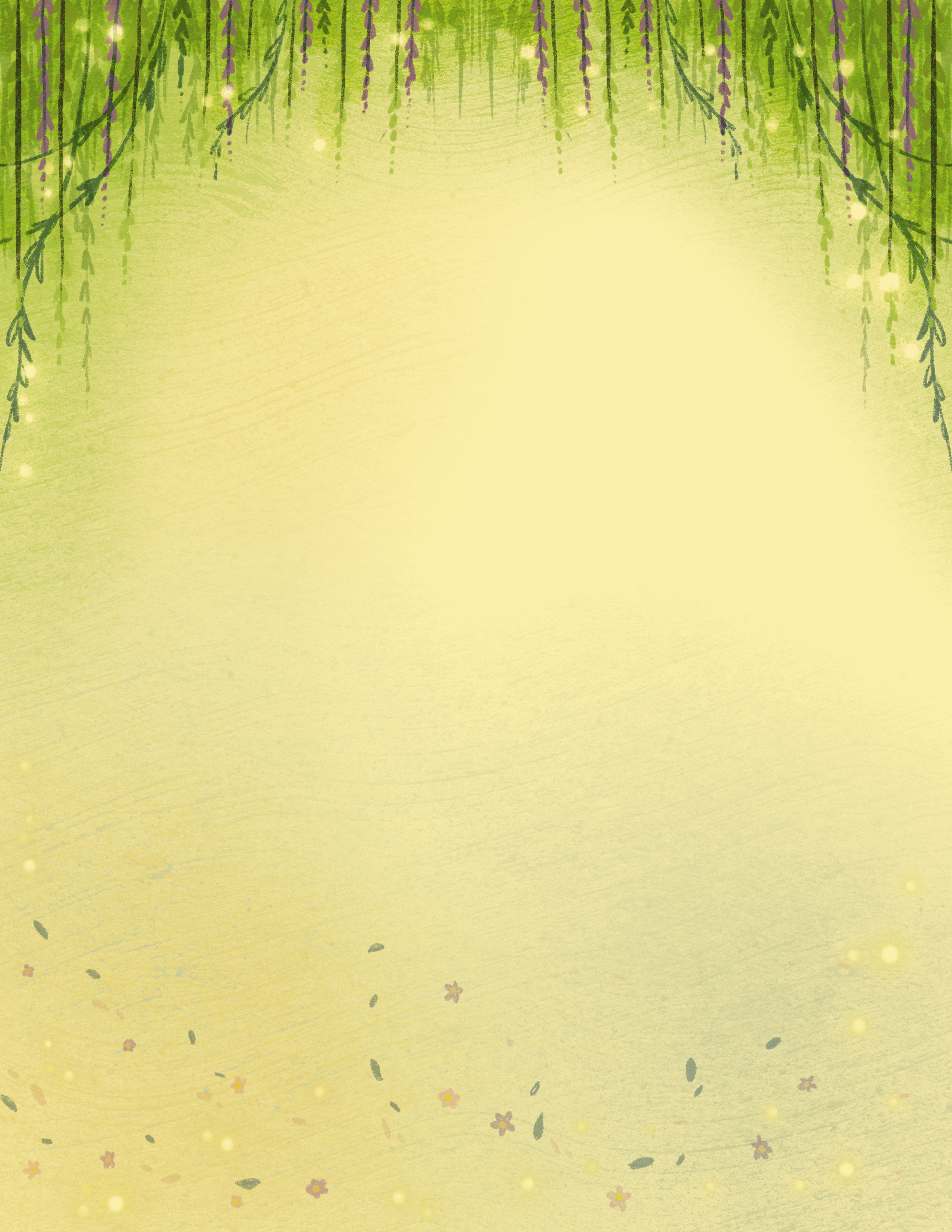Decorative background with hanging purple flowers, green leaves, and glowing light spots on a yellow gradient background.
