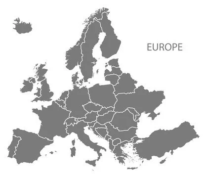 A grayscale map of Europe with country borders outlined, and the word 'EUROPE' labeled on the right side.