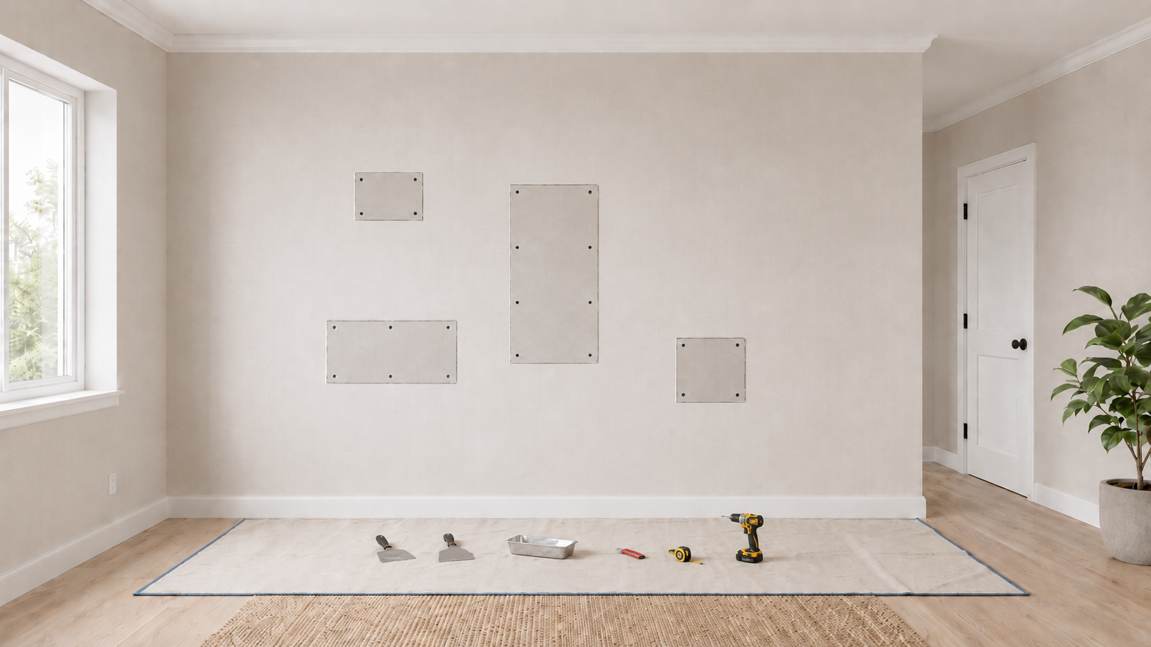 Multiple drywall patch repairs in a residential room in Mississauga