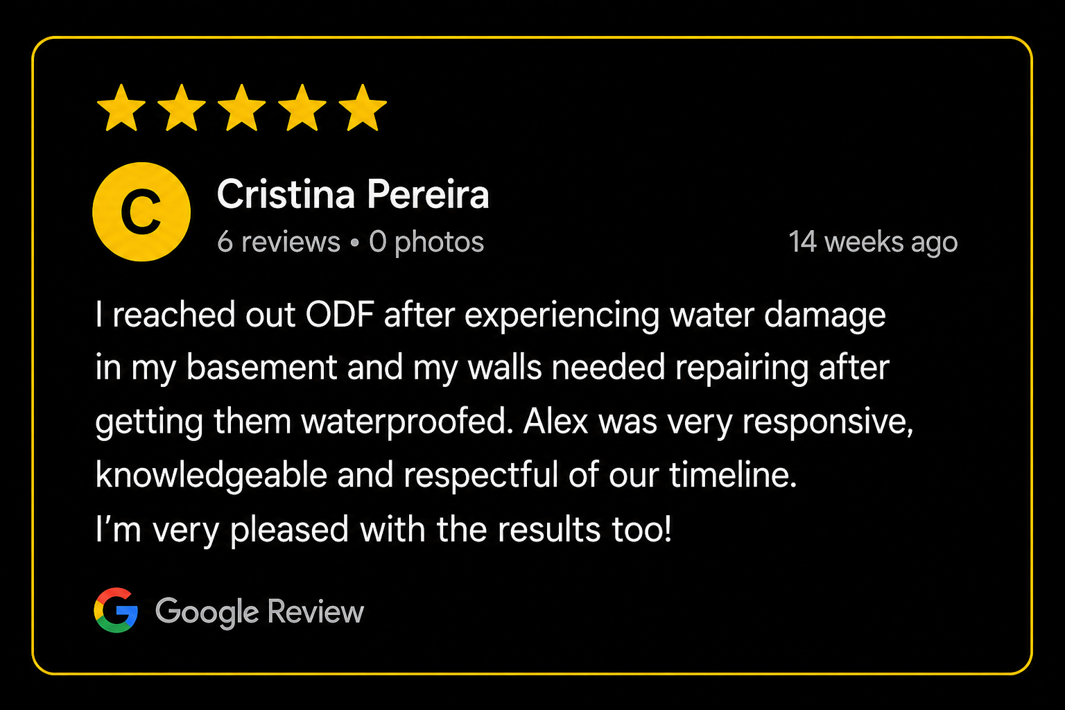 Google review with five stars, showing a review from Cristina Pereira about water damage repair. The review mentions responsive and knowledgeable service from Alex, and the reviewer is pleased with the results.