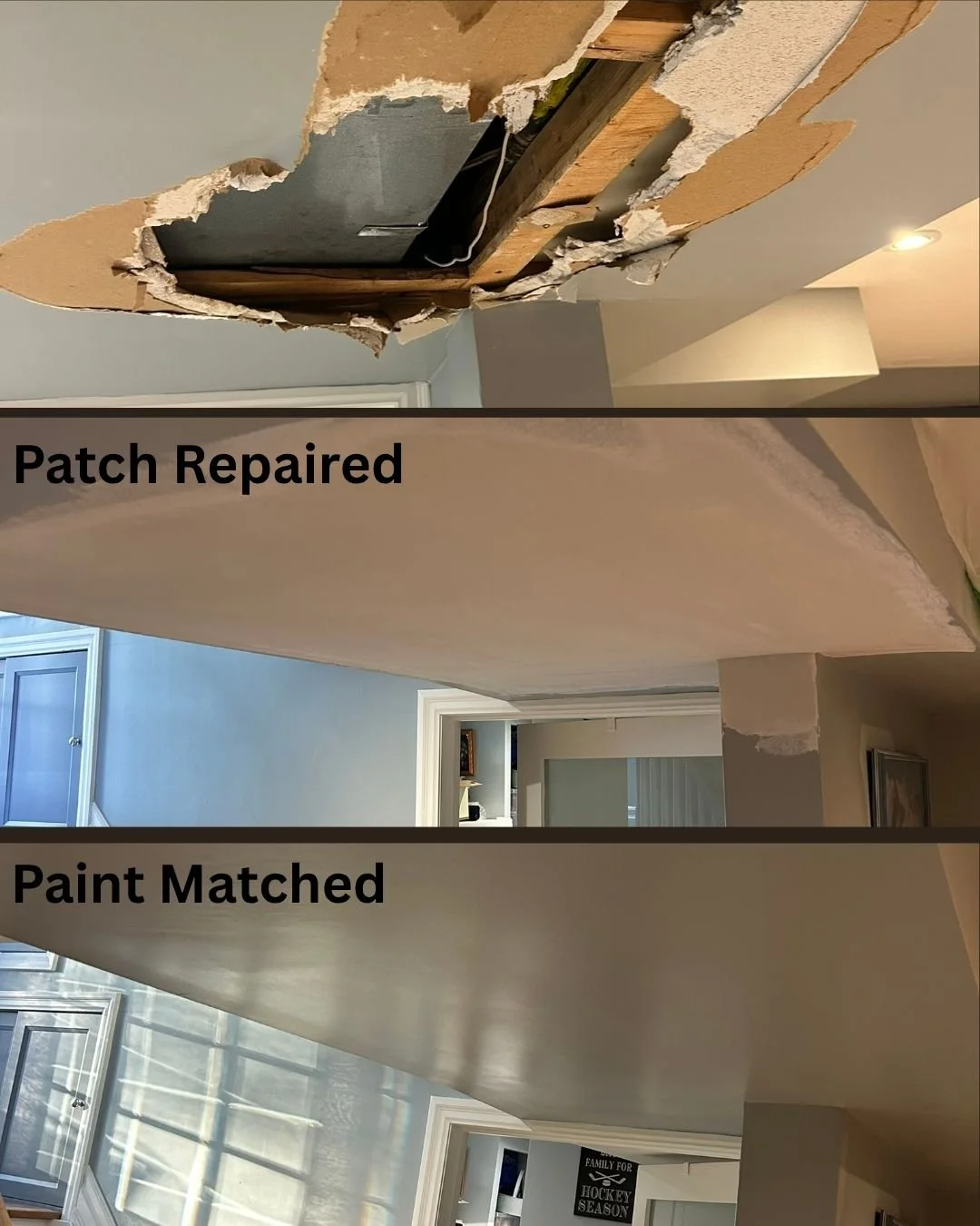 Ceiling drywall repair before, during, and after completion in Toronto