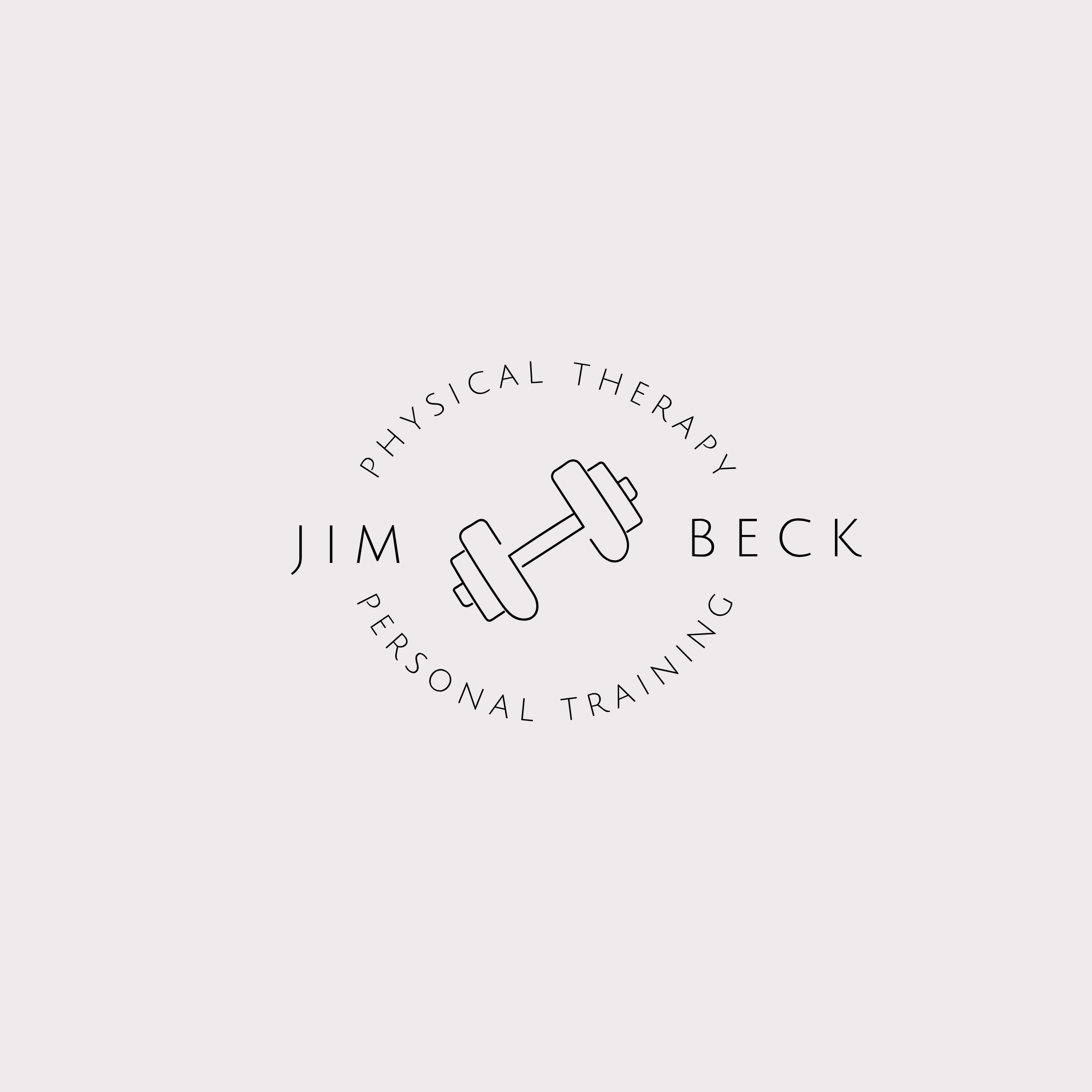 Graphic promoting physical therapy with an illustration of two dumbbells and text that mentions Jim, Beck, physical therapy, and personal training.