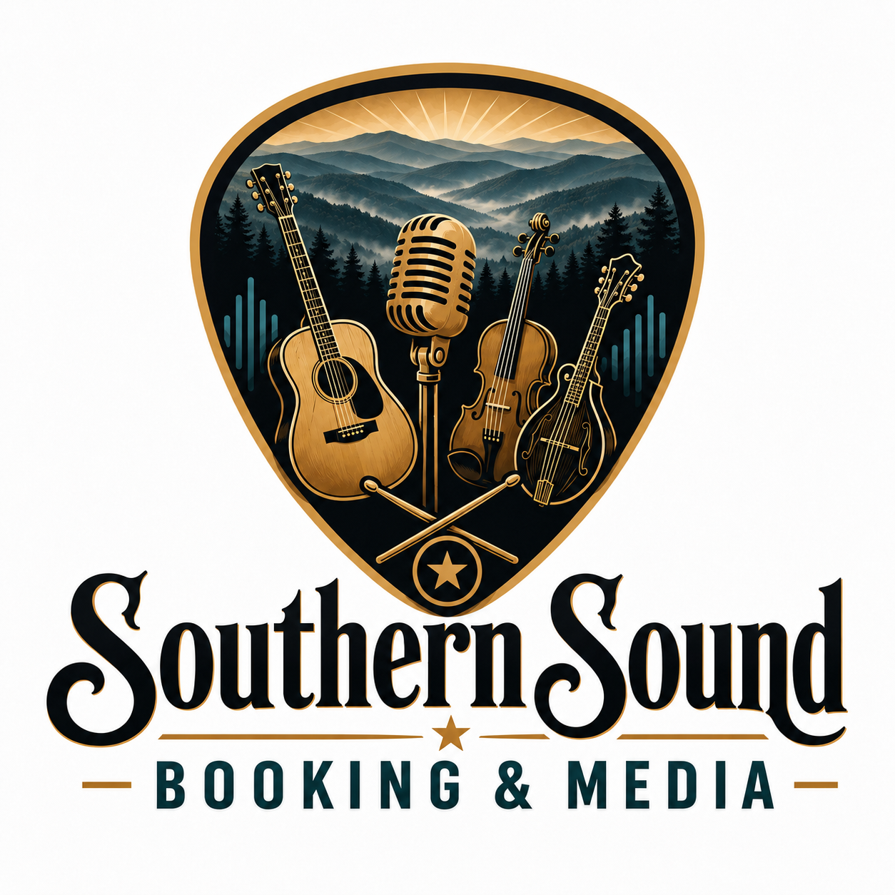 Logo for Southern Sound Booking & Media featuring a guitar, microphone, violin, and banjo over a mountain landscape with sunrise, framed with a gold border, and with the company name beneath.