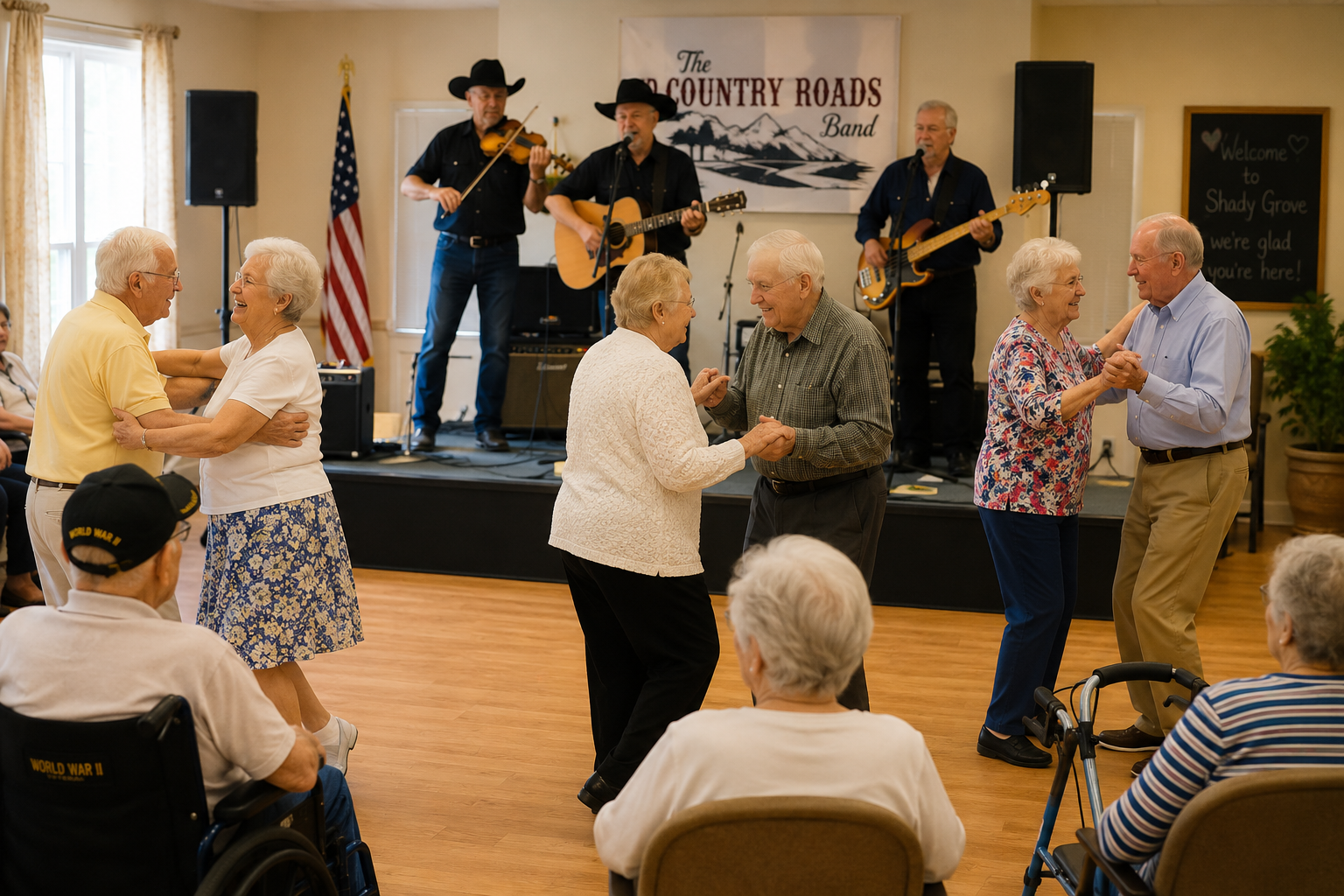 Older adults dancing to live country music in a community hall.