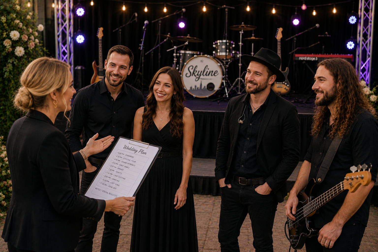 A wedding band meeting with a coordinator to plan the ceremony, with a stage in the background featuring musical instruments and colorful lights.
