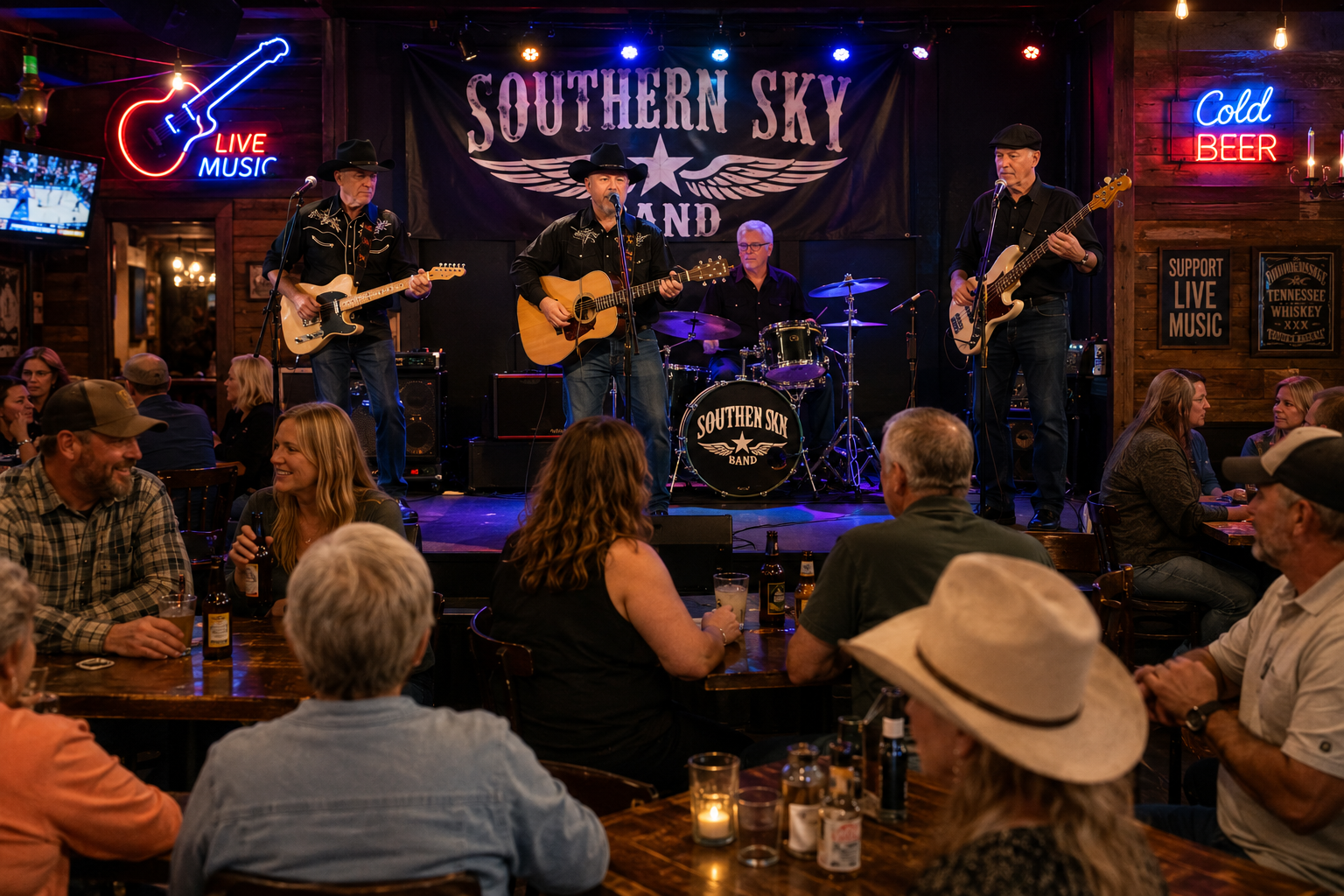 A band performing in a crowded bar in East Tennessee