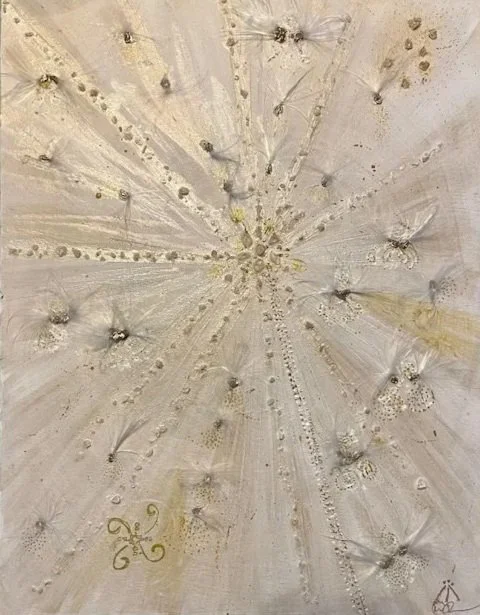 My first painting -Pleiadian Angels.  This painting is infused with Angelic light codes.
The angels are made of Milkweed seeds.  This painting contains Frankincense from my travels in Egypt. Many who sit with this painting hear Angelic tones and feel