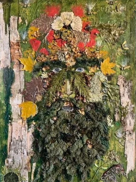 The 2nd painting I did was - The Green Man of Rosslyn Woods.  This painting is infused with Druid and Celtic codes channeled from my lineage.  It is richly alive with the Faye vibrations.  The left hand of the painting has a Celtic Dragon made from D