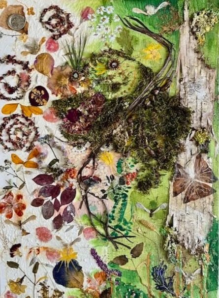 My 4th painting is The Green Woman-  This was a Gia channel and contains many earth vibrations, Fayes and Celtic channels as well.. Can you find her eyes? The left side of the painting represents the Feminine , the right the Masculine. So many elemen