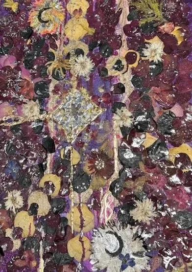 The Heart of a Son.  Angelic love langue coding, Fibonacci sequencing.  This painting is composed of all the flowers my son's have given me over the years.  The center is Sedona crystals representing the crystalline heart.  They are placed in a Merka