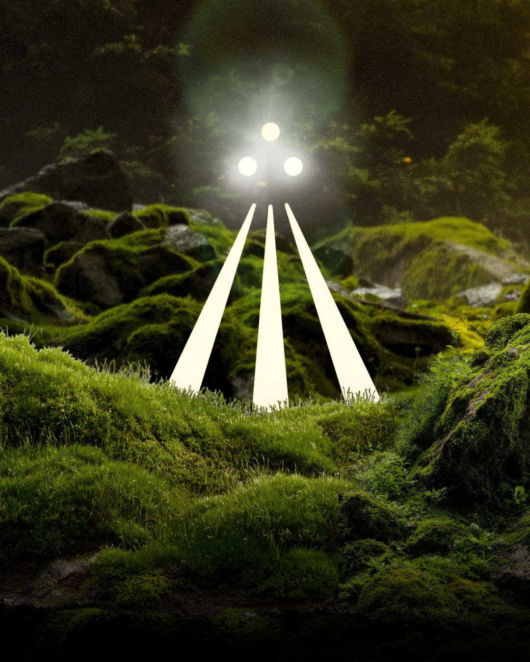 A surreal scene of a natural moss-covered rocky landscape with three bright lights and three white beams of light pointing upward, resembling a UFO landing.