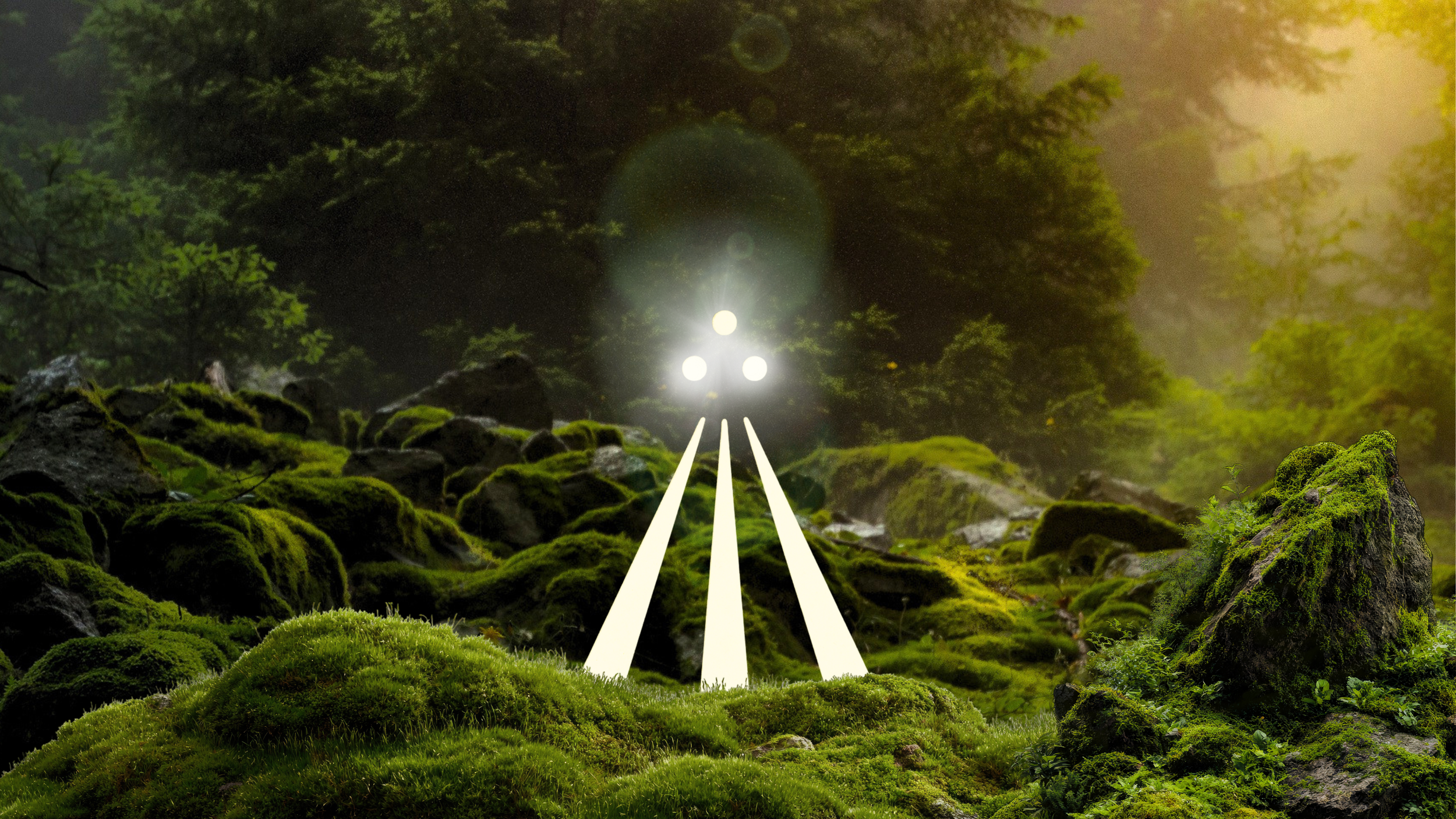 A surreal scene of train tracks leading into a forest with large moss-covered rocks and trees, illuminated by sunlight filtering through the trees.