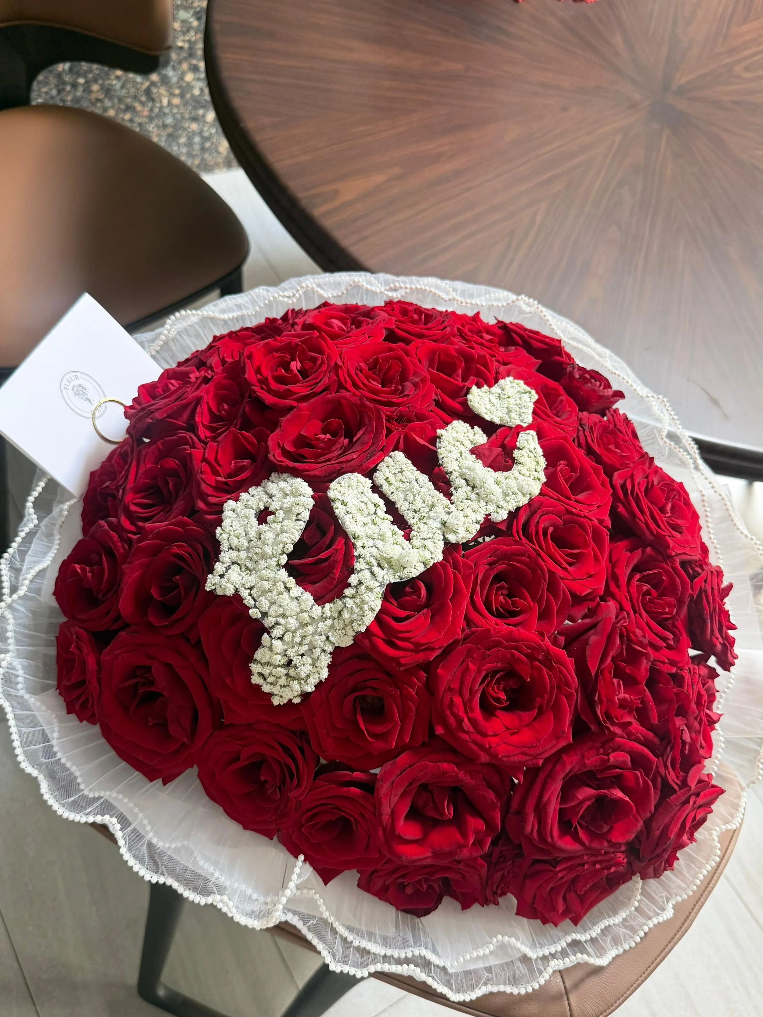 50 Red Roses with 3 Letter Baby Breath