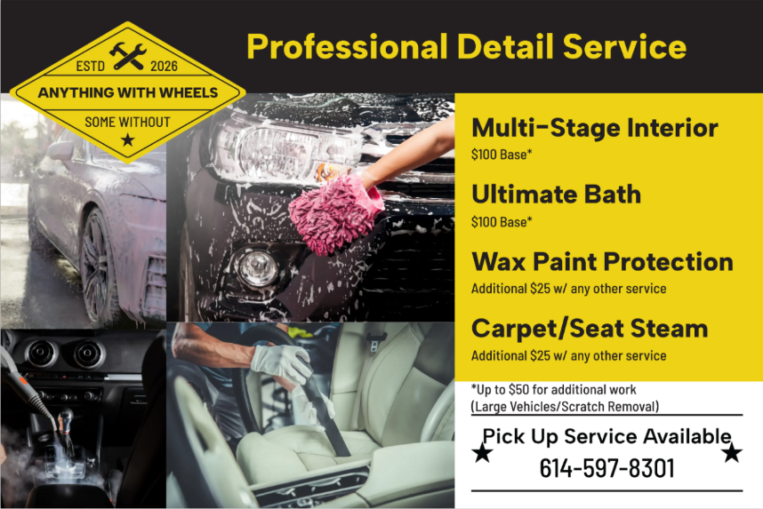 A flyer for a professional auto detailing service with images of a car being washed, interior cleaning, and a car dashboard. The flyer offers multi-stage interior, ultimate bath, wax paint protection, and carpet/seat steam cleaning, with prices and contact information.