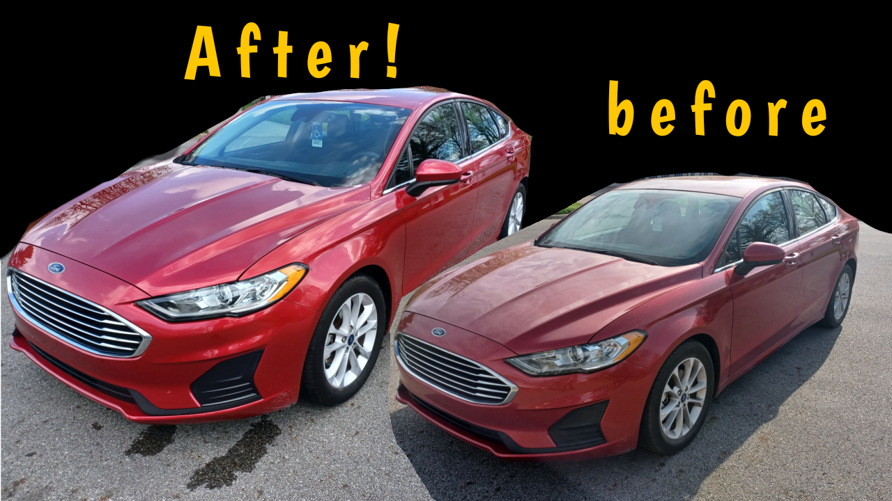 Comparison of two red Ford sedans labeled 'Before' and 'After' on a black background.
