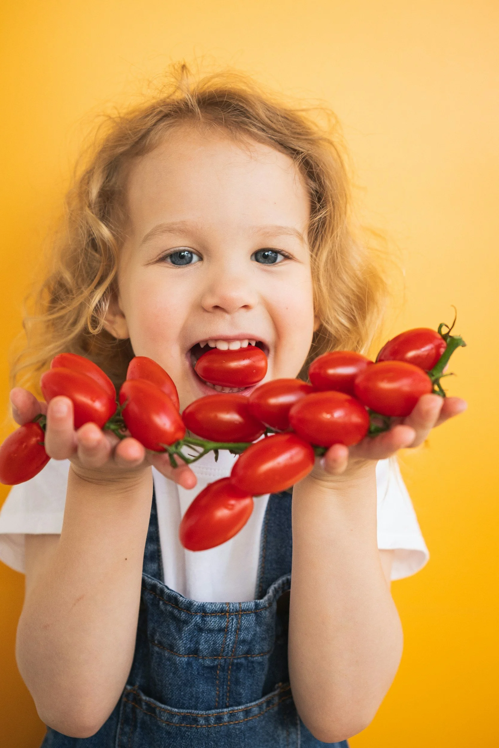 A young girl with curly blonde hair and blue eyes is holding a large bunch of red tomatoes in front of a yellow background. She has her tongue out, touching one of the tomatoes.