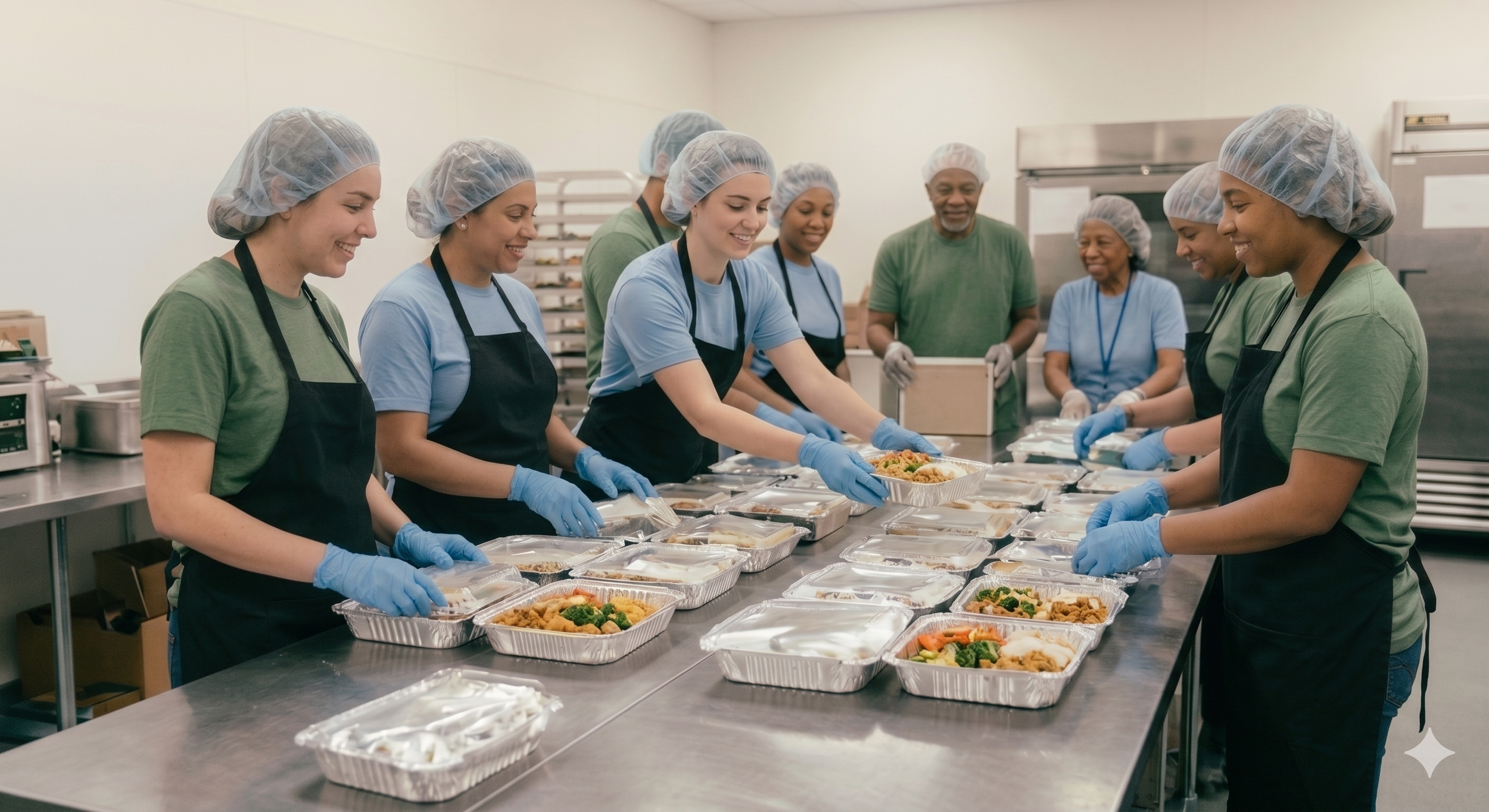 A group of diverse volunteers wearing hair nets, gloves, and aprons packing meals into containers in a commercial kitchen.