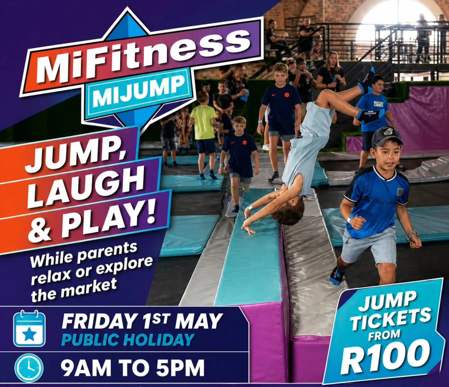 🎉 PUBLIC HOLIDAY FUN at MiJump! 🎉

This Friday 1st May, let the kids jump, laugh &amp; play while parents relax or explore the market 🙌☀️

🕘 Open 9AM &ndash; 5PM
🎟️ Jump tickets from R100 (excluding socks)
📍 @mijump_za @prisonbreakmarket

The p