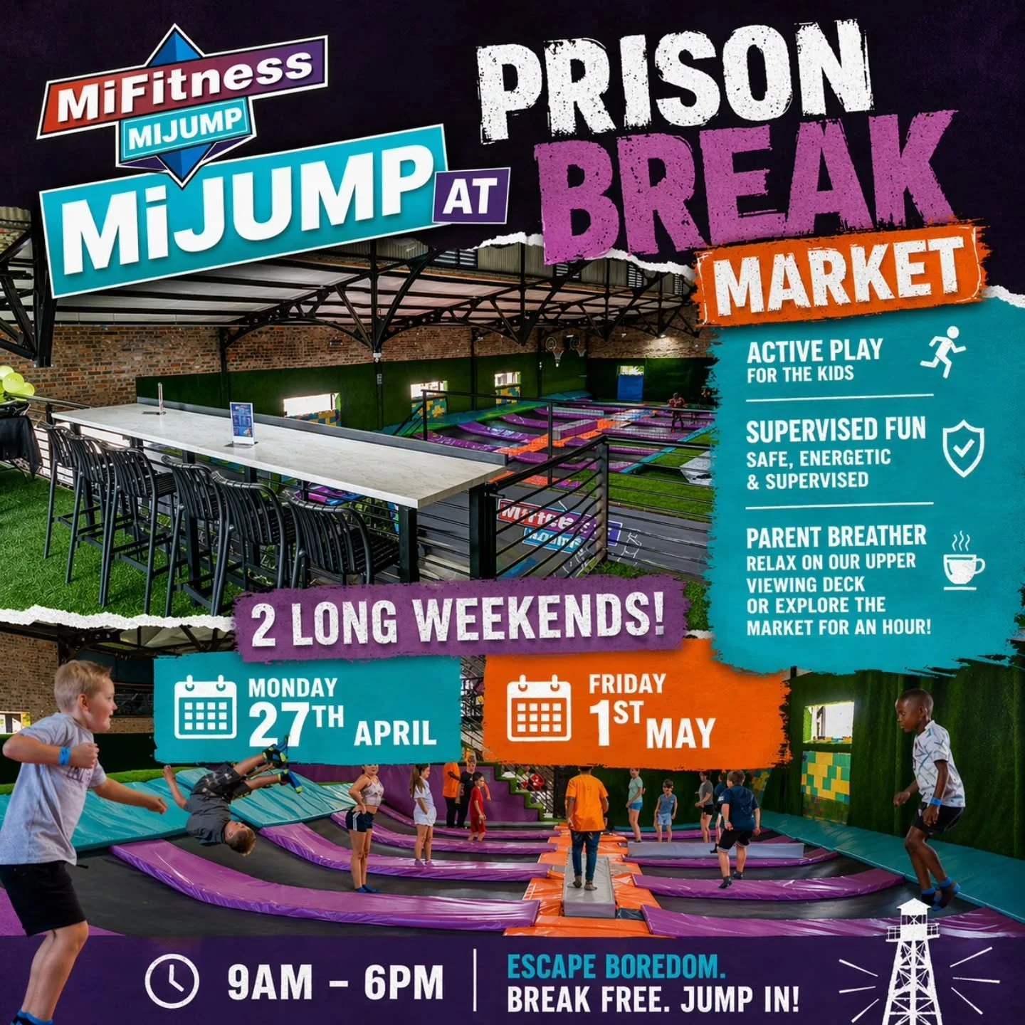 🚨 TWO LONG WEEKENDS = DOUBLE THE FUN 🚨

Break out of boredom at MiJump @ Prison Break Market 💥

🗓 Monday 27 April
🗓 Friday 1 May
⏰ 9AM &ndash; 6PM
🎫 Tickets at the door

✔️ Active play for the kids
✔️ Safe, supervised fun
✔️ Parents can relax o