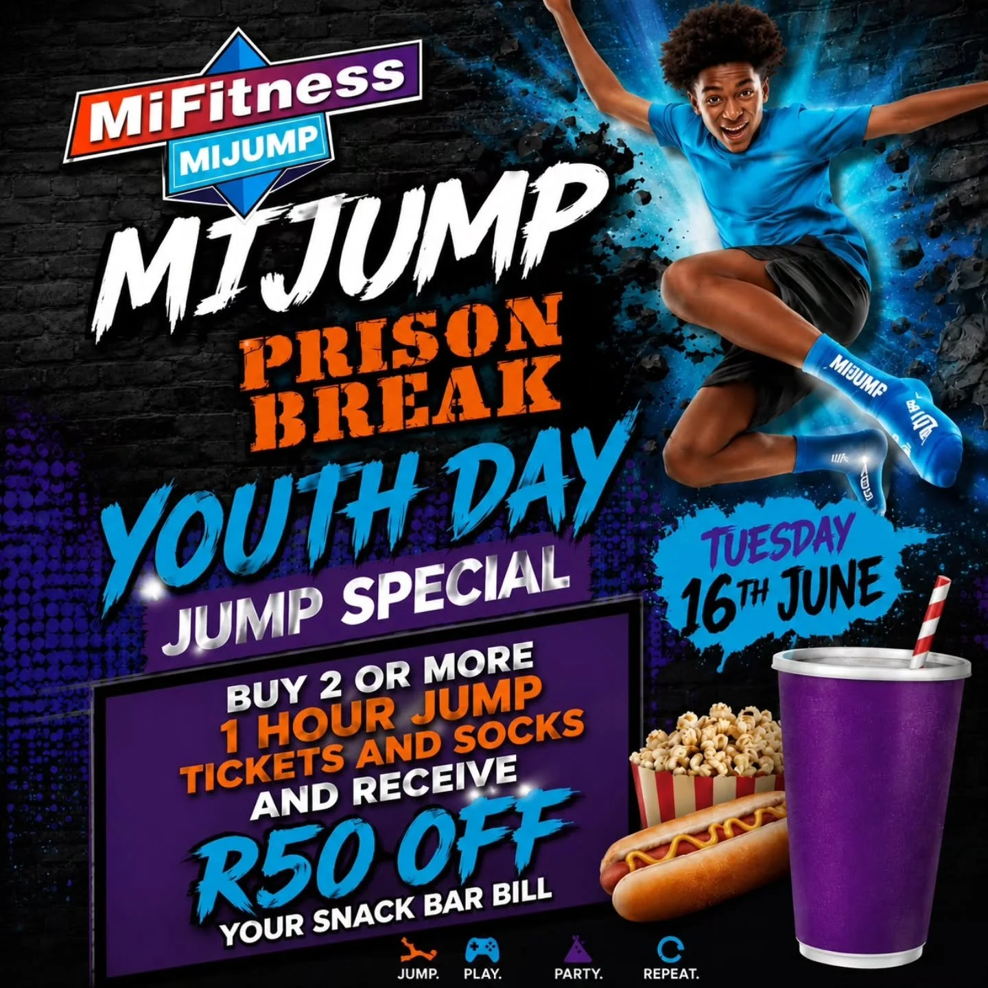 🚨 YOUTH DAY ACTIVATED 🚨

This Youth Day, the rules are simple: 🔥 Jump hard 🔥 Eat snacks 🔥 Have fun!

Join us @mijump_za for our EPIC Youth Day Jump Special!

🎟 Buy 2 or more 1-hour jump tickets + socks 🍿 Get R50 OFF your snack bar bill💥

📅 T