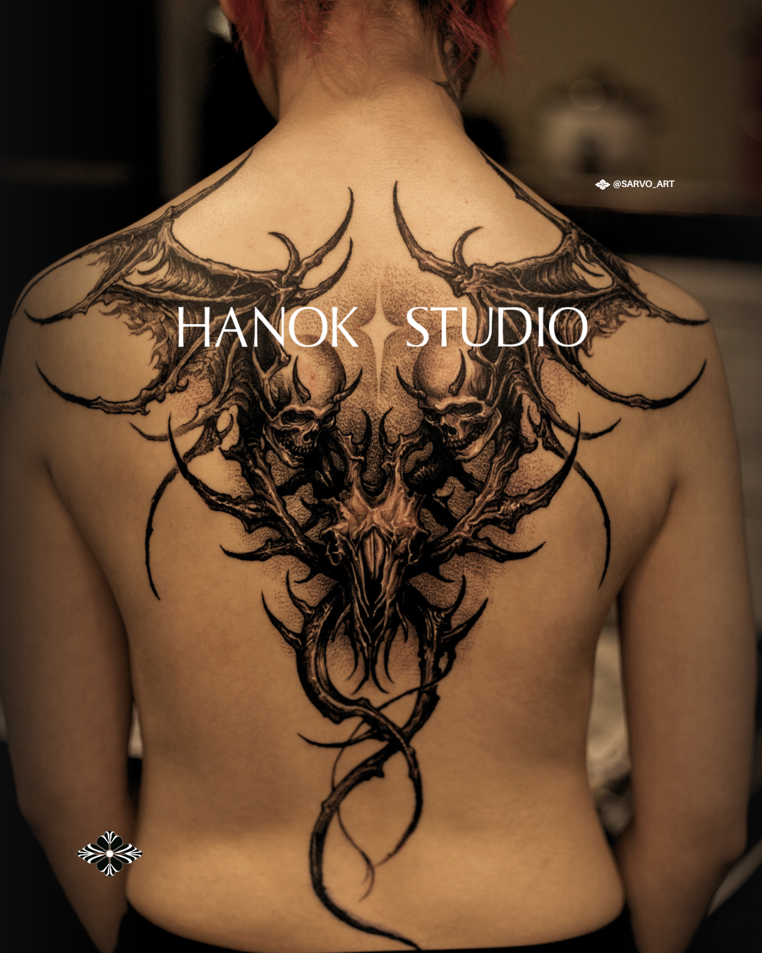 Hanok Studio gallery series, blackwork back tattoo, by Sunnii Studios.