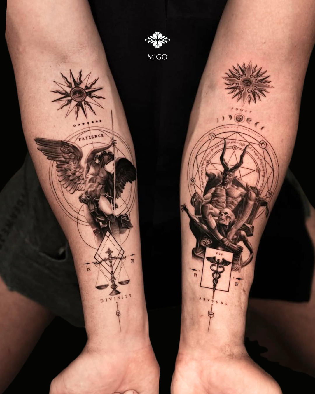 Hanok Studio artist portfolio, mythological forearm tattoos, by Sunnii Studios.