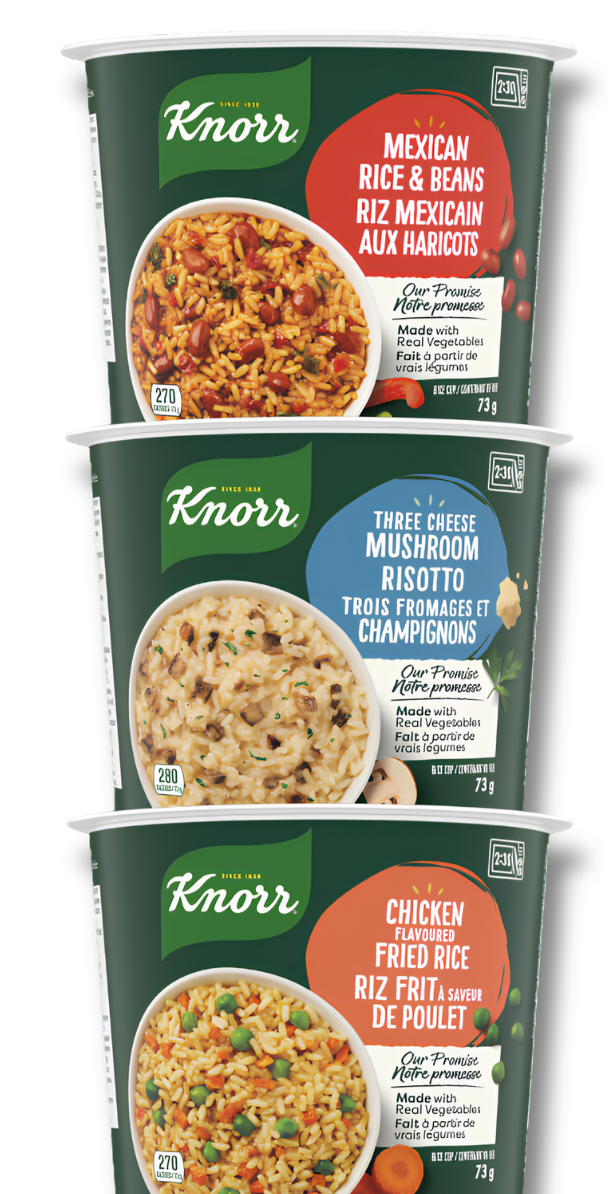 Three Knorr instant rice and meal cups: Mexican Rice & Beans, Three Cheese Mushroom Risotto, and Chicken Fried Rice, each with branded packaging and food visuals.