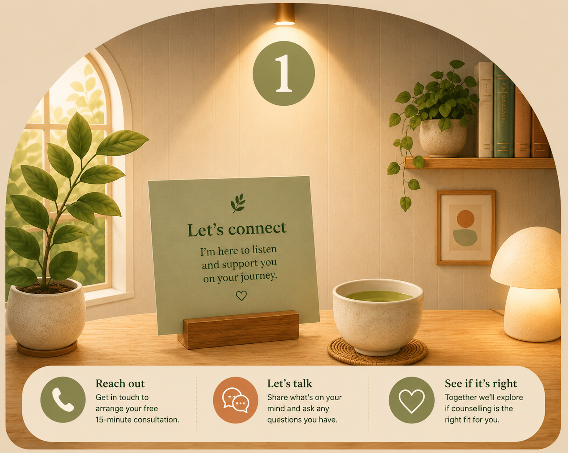 A cozy room with a wooden table, potted plants, a framed abstract art piece, a small lamp, and a sign that reads 'Let's connect' with a message encouraging listening and support. The background has a window with leafy greenery outside, and a sign with the number 1 is illuminated above the scene.