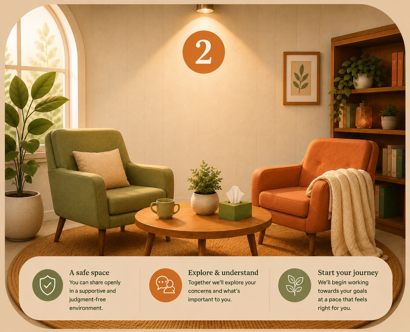 A cozy therapy or counseling room with two armchairs, one green and one orange, around a wooden coffee table with a plant, tissue box, and mug. A large plant is near a window on the left, and a bookshelf with books and plants is on the right. A sign with the number 2 hangs on the wall, and the space is warmly lit with framed leaf artwork.