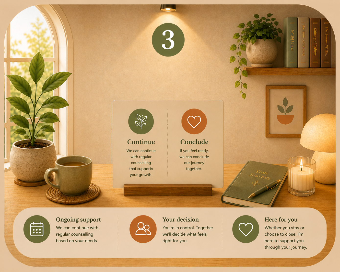 A cozy, well-lit room with a large window showing greenery outside. On a wooden desk, there is a potted plant, a mug, a candle, a notebook titled 'Your Journey', and an information display. The display has sections labeled 'Continue' with supporting text, 'Conclude' with supportive text, and icons for ongoing support, decision-making, and support availability. There are framed artwork and floating shelves with books and a smaller potted plant on the wall behind.