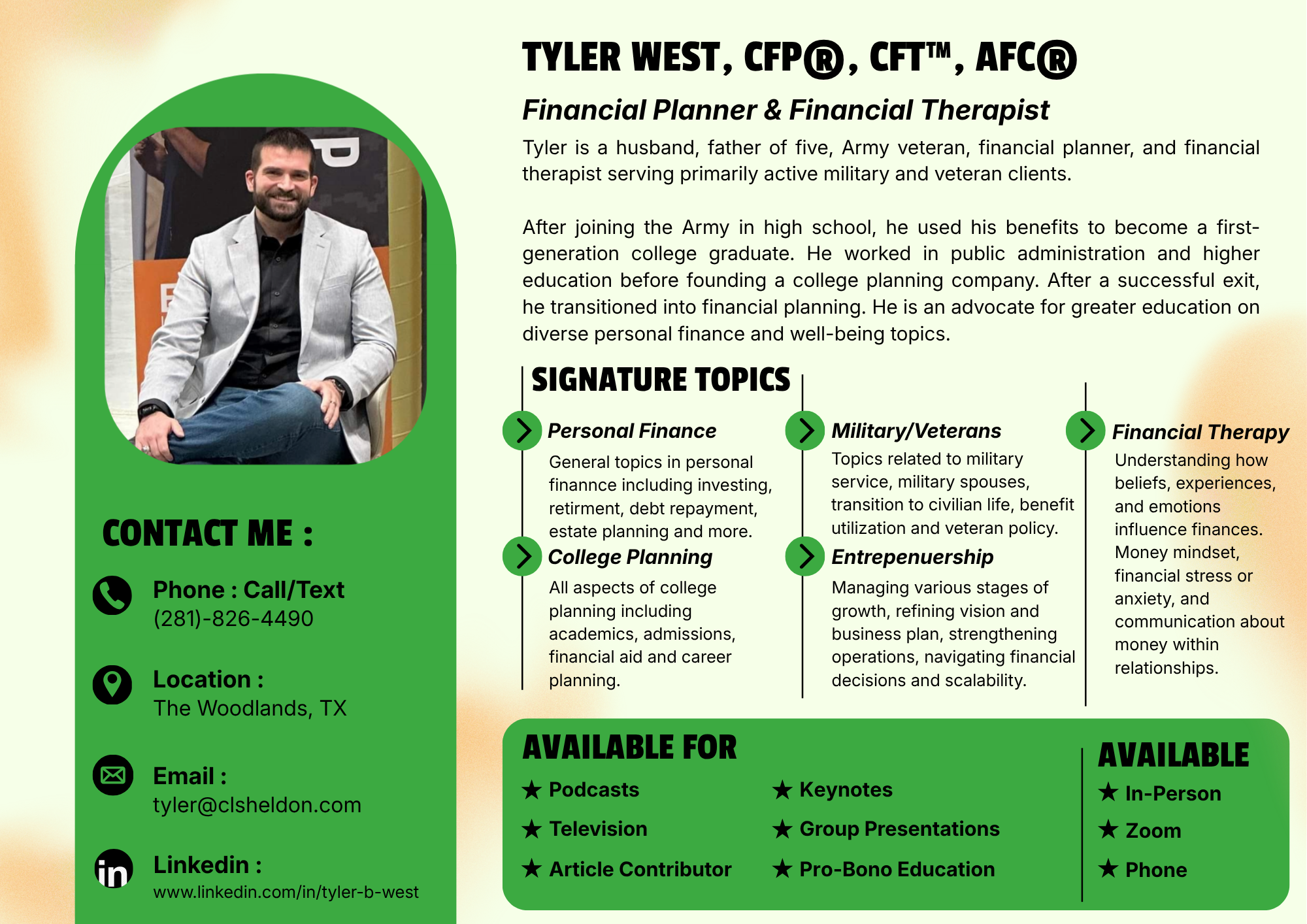 A professional profile of Tyler West, a financial planner and therapist, featuring his photo, contact information, and a description of his background, expertise, and signature topics.