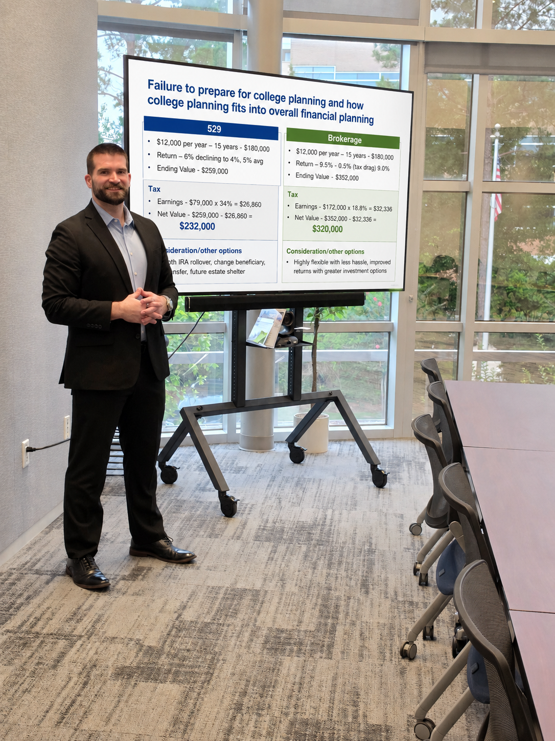 A man in a suit standing in a conference room next to a large digital display screen showing a presentation comparing college planning options, including financial calculations and considerations. The room has large windows with a view of trees and b